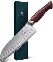 Profesionalus 18 cm "Santoku" virtuvinis peilis - japoniškas aukštos kokybės anglinis plienas 10Cr15Mov su 12° itin aštriu ašmeniu ir ergonomiška Pakka medine rankena - virėjo peilis mėsai, daržovėms, žuviai
