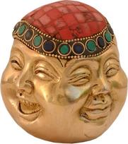 Purpledip Besijuokiančio Budos statulėlė Keturi gyvenimo veidai (džiaugsmas, rūpestis, pyktis ir ramybė) Grynas žalvario metalas su brangakmeniais Feng Shui Lucky Charm (10992)