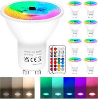 REYLAX GU10 RGB LED lemputės su nuotolinio valdymo pulteliu, 8 vnt., 5 W šiltai baltos spalvos lemputė, 450 LM, 50 W halogeninės lemputės, GU10 lemputės, spalvotos, 230 V, LED prožektoriai