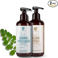 Šampūnas riebiems plaukams 250ml + regeneruojantis kondicionierius 200ml - 99% natūralus, be SLS, silikonų ir parabenų - su moringa, arganu, kokosais ir medumi - valo riebią odą