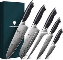 SANMEIHO 5 dalių virtuvinių peilių rinkinys iš miltelinio plieno, japoniškų profesionalių peilių rinkinys, 63 HRC aukštos kokybės anglinis plienas, aštrus kaip skustuvas, 12° ašmenys, ergonomiškos natūralaus medžio rankenos