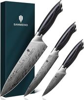 SANMEIHO Plieninių peilių rinkinys, virtuvinių peilių rinkinys, 3 dalių aštrių japoniškų virtuvės peilių rinkinys, pagamintas iš didelio kietumo nerūdijančio plieno su ergonomiška medine rankena, įskaitant virtuvės peilį, komunalinį peilį