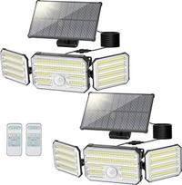 Saulės šviesos žibintai su judesio jutikliu, 160 LED saulės šviesos žibintai, skirti naudoti lauke, su signalizacijos funkcija, 2000 mAh 4 modusų IP67 vandeniui atsparus saulės sieninis apšvietimas su nuotolinio valdymo pulteliu sodui, garažui - 2 vnt.