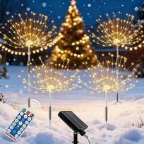 Saulės žibintai lauke, 4 vnt., 120 LED saulės žibintų, fejerverkai, 8 režimai, saulės žibintai, kiaulpienės su nuotolinio valdymo pulteliu, oro sąlygoms atsparus saulės kištukas, sodo apšvietimas Helovinui, Kalėdoms