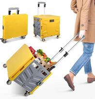 Sulankstomas pirkinių vežimėlis, transportavimo vežimėlis, iki 50 kg, 50 l dėžė, pirkinių krepšys su dangčiu, ištraukiama aliumininė ištraukiama rankena, 4 360° kampu besisukantys metaliniai ratukai, 103 x 43 x 38 cm (geltonai pilka)