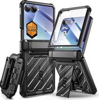 SUPCASE dėklas "Samsung Galaxy Z Flip 7" su stovu ir diržo spaustuku (UB Pro), [apsauga nuo vyrių] [grūdinto stiklo ekrano apsauga] tvirtas mobiliojo telefono dėklas karinis apsauginis dėklas (juodas)