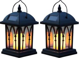 Šventiniai žibintai 27 cm juodas saulės žibintas su LED žvake ir apgaulingai tikru mirgėjimo efektu IP44 Vandeniui atsparus saulės žibintas lauke Saulės žibintai lauko stalui Sodo žibintas (2 vnt.)