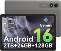 TABWEE T50 planšetinis kompiuteris "Android 16" - 24GB RAM + 128GB (2 TB TF), "Unisoc T7250" ir "Gemini AI", 90 Hz ekranas, 11 colių planšetinis kompiuteris su 8000 mAh, 5G WiFi, "Widevine L1", GPS, 13 MP/OTG, pilkas