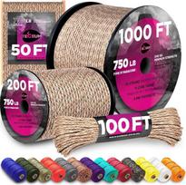 TECEUM Paracord 750 lb Desert Camo Colour - 305 m - 4 mm - Nailonas - Tvirta taktinė parašiutinė virvė pagal MIL-SPEC - Išgyvenimo virvė ekstremalioms situacijoms - EDC, stovyklavimo, žygių įranga (1000 pėdų)