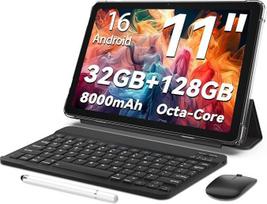 TUOHAITIME "Android 16" planšetinis kompiuteris, 11 colių planšetinis kompiuteris, 32GB+128GB 1TB išplečiamas, produktyvumo rinkinys su klaviatūros dėklu, rašikliu, aštuonių branduolių procesoriumi, dviguba kamera, "WiFi", 8000 mAh baterija (juodas)