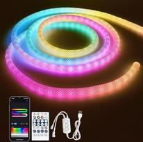 USB RGB+IC neoninių LED juostų virvė 5 m, "Bluetooth" neoninių LED juostų RGBIC reguliuojamas šviesos diodų juosta lauke IP65 atsparus vandeniui, 50LED/M, valdomas programėle, 360° apšvietimas LED juostos lauke viduje, skirtas miegamojo apdailai