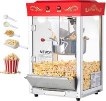 VEVOR popkornų gaminimo aparatas su nerūdijančio plieno virduliu, 800 W komercinis popkornų gaminimo aparatas, 48 puodeliai per įkrovą, "Cinema Style", su 2 mygtukų valdymu, stikline sienele, kompiuterio durelėmis, 1 šaukštu, 3 šaukštais, raudonos spalvos
