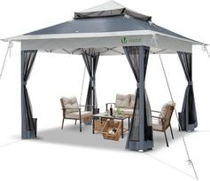 VOUNOT Pavillon Faltbar 3.6x3.6m, UV Schutz 50+ & Wasserdicht & Stabil, Pop Up Faltpavillon mit 4 Seitenteilen / Moskitonetz, Gartenzelt Partyzelt Gartenpavillon mit 4 Gewichte, Tasche, Grau