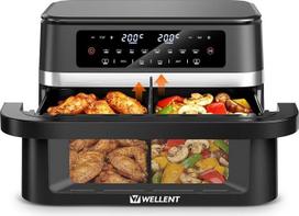WELLENT 12L dviejų zonų oro fritavimo aparatas XXL - 2950 W karšto oro fritavimo aparatas su 2 kameromis (6+6 l) - karšto oro fritavimo aparatas su dviem kameromis, stebėjimo langu, suderinimo ir sinchronizavimo funkcija, purtymo priminimas, galima plauti