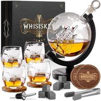 WHISISKEY viskio karafos rinkinys - viskio dovanų rinkinys - dovanos vyrams - dovanos vyrams - gimtadienio dovana vyrui - dekanteris "Globe Decanter" 900 ml, dovanų dėžutė, 4 viskio taurės, 8 viskio akmenys