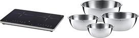 WMF "Kult X" dviguba indukcinė kaitlentė, iki 28 cm ir 4 dalių gurmaniškų dubenų rinkinys, nerūdijančio plieno dubenys virtuvei 0,75-2,75 l, dubuo maišymui, dubuo salotoms, serviravimo dubuo, "Cromargan", sudedami vienas ant kito