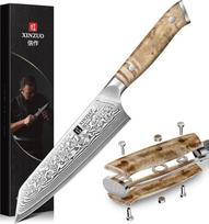XINZUO Kiritsuke virėjo peilis Damasko plienas 10Cr15CoMoV plieno šerdis Virėjo peilis Profesionalus Damasko plieno virtuvinis peilis Aštri geležtė mėsai, žuviai, vaisiams ir daržovėms Rankena pagaminta iš platano medžio