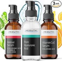 YEOUTH vitamino C, retinolio ir hialurono serumas - 3 x 30 ml veido serumo rinkinys moterims ir vyrams - hialurono rūgštis, retinolis ir vitaminas C veidui