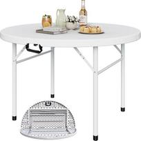 YITAHOME 122 cm apvalus sulankstomas stalas su rankena, atsparus oro sąlygoms lauke ir viduje, nešiojamas stovyklavimo stalas su metaliniu rėmu, plastikinis sodo stalas su 4 cm stalviršiu, skirtas vakarėliams, stovyklavimui, kepsninei, baltas