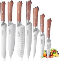 YOTSUBA Damasko japoniškas Santoku peilis Japoniškas virtuvinis peilis su ergonomiška medine rankena Nerūdijantis plienas, skirtas mėsai, daržovėms ir vaisiams (7 dalių virtuvinių peilių rinkinys)