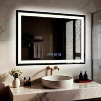 YU YUSING Vonios veidrodis su apšvietimu 80 x 60 cm Vonios veidrodis su apsauga nuo rūko 3 šviesos spalvos Pritemdomas sieninis veidrodis Metalinis rėmas su jutikliniu jungikliu LED veidrodis su laikrodžio ekranu IP44 Vertikali juoda