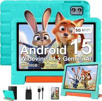 ZIOVO vaikiška 10 colių planšetė su "Android 15", 30GB RAM + TF 2TB, 5G WiFi, Gemini AI, aštuonių branduolių, Widevine L1, GPS, Face ID, Child Lock, iWAWA, 6000 mAh, BT 5.0, vaikiška planšetė su "Eva" dėklu - žalia