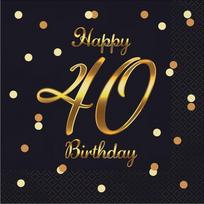 Popierinės servetėlės GoDan Happy 40 Birthday, 33 cm x 33 cm, aukso sp./juoda sp., 20 vnt.