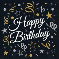 Popierinės servetėlės GoDan Happy Birthday, 33 cm x 33 cm, aukso sp./sidabro sp./juoda sp., 20 vnt.