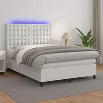 Lova su spyruoklėmis/čiužiniu/LED, balta 140x190cm dirbtinė oda