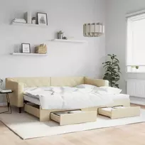 Ištraukiama lova su stalčiais, kreminė, 90x200cm, audinys