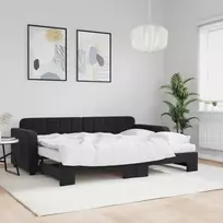 Lova su ištraukiama dalimi/čiužiniu, juoda, 80x200cm, aksomas