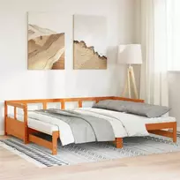 Lova su ištraukiama dalimi ir čiužiniu, ruda, 90x200cm, pušis