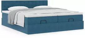 Osmanų lovos rėmas su čiužiniais, mėlynas, 200x200cm, aksomas