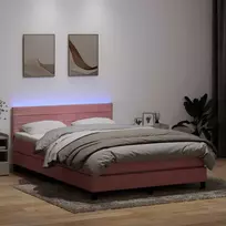 Lova su spyruokliniu/čiužiniu/LED, rožinė, 140x210 cm, aksomas