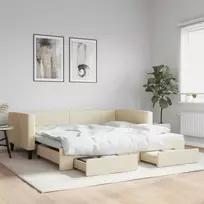 Ištraukiama lova su stalčiais, kreminė, 100x200cm, audinys
