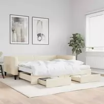 Ištraukiama lova su stalčiais, kreminė, 100x200cm, audinys