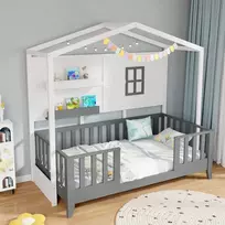 Promotions Vaikiška lova, medinė namelio formos lova, 208x105,5x195 cm, balta ir pilka