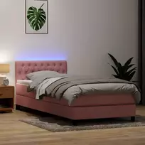Lova su spyruokliniu/čiužiniu/LED, rožinė, 90x210 cm, aksomas
