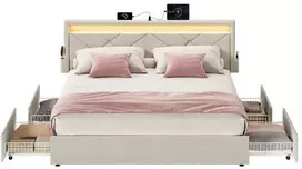 Lova Songmics Metalo lovos rėmas su LED apšvietimu ir stalčiais 210x149 cm