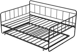 Vevor Dvigulė metalinė lova su ištraukiama dalimi, 2in1 daugiafunkcinė sofa lova, juoda, svečių lova