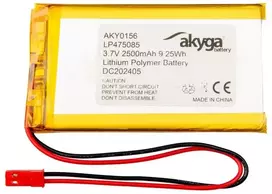 Lithium Polymer Baterija Akyga AKY0156 LP475085 Li-Po 3.7V 2500mAh PCM JST 2.54 2-Pin Connector 150mm