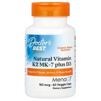 Natural Vitamin K2 MK7 with MenaQ7 plus D3, 180mcg - 60 vcaps