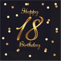Popierinės servetėlės GoDan Happy 18 Birthday, 33 cm x 33 cm, aukso sp./juoda sp., 20 vnt.