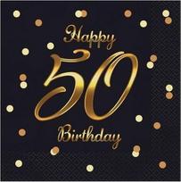 Popierinės servetėlės GoDan Happy 50 Birthday, 33 cm x 33 cm, aukso sp./juoda sp., 20 vnt.
