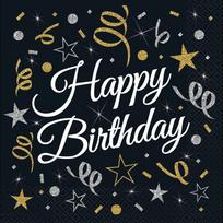 Popierinės servetėlės GoDan Happy Birthday, 33 cm x 33 cm, aukso sp./sidabro sp./juoda sp., 20 vnt.