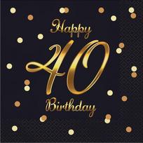 Popierinės servetėlės GoDan Happy 40 Birthday, 33 cm x 33 cm, aukso sp./juoda sp., 20 vnt.