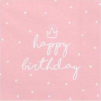 Popierinės servetėlės Party Deco Happy Birthday, 33 cm x 33 cm, balta sp./rožinė sp., 20 vnt.
