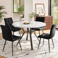 Valgomojo stalo komplektas 5 vnt, apvalus stalas, marmuras, juodos metalinės kojos, 4 ergonominės kėdės