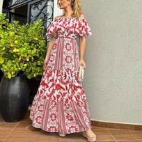 DAFIFY Women's Fashion Summer Spring Bohemia Print Short Sleeve One Shoulder High Waist Casual Dresses S raudona