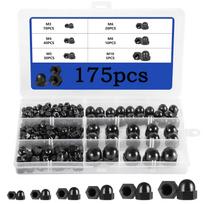 165 vnt. 304 nerūdijančio plieno dangtelio veržlių rinkinys M3M4M5M6M8M10 integruota pusrutulio dangtelio veržlių dėžutė 175Pcs nylon black cover mother